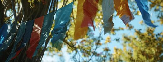 ai gegenereerd een verscheidenheid van kleurrijk banners hangende Aan een boom foto