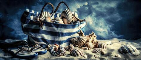 ai gegenereerd een strand zak met zee schelpen, slippers en andere strand accessoires foto