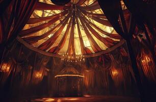 ai gegenereerd een donker en reusachtig circus tent met overhead verlichting foto
