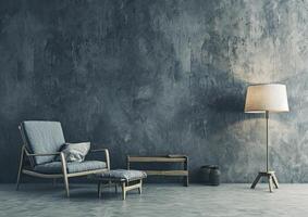 ai gegenereerd een grijs houten stoel met een lamp en een stoel in voorkant van een grijs muur foto