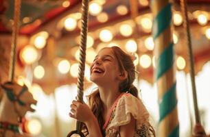 ai gegenereerd een meisje lachend Aan een carrousel in een carnaval foto