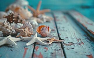 ai gegenereerd strand decor met zeester en schelpen Aan tafel top door zee foto