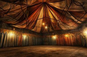 ai gegenereerd een geïsoleerd beeld van een circus tent binnen een donker interieur foto