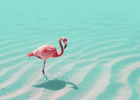 ai gegenereerd roze flamingo in zand Aan strand flamingo foto