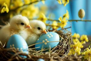 ai gegenereerd jong kuikens in een schattig nest met eieren versierd met gelukkig Pasen foto