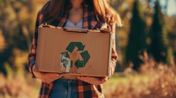 ai gegenereerd meisje Holding een karton doos met de recycle symbool foto