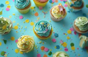 ai gegenereerd kleurrijk cupcakes met confetti decoraties omgeving foto