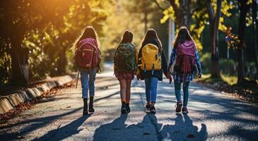 ai gegenereerd kinderen zijn wandelen naar beneden weg met hun rugzakken foto