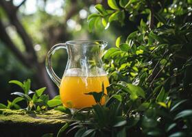 ai gegenereerd een werper van heerlijk oranje limonade met ijs kubussen omringd foto