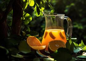 ai gegenereerd een werper van heerlijk oranje limonade met ijs kubussen omringd foto