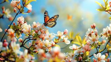 ai gegenereerd een voorjaar vakantie achtergrond versierd met bloesems, vlinders foto