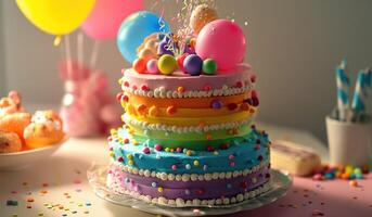 ai gegenereerd een twee laag regenboog kleurrijk taart met ballonnen foto