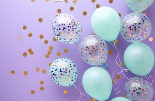 ai gegenereerd pastel en aqua ballonnen met confetti Aan Purper achtergrond foto