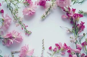 ai gegenereerd arrangement van roze bloemen met krans Aan wit achtergrond foto