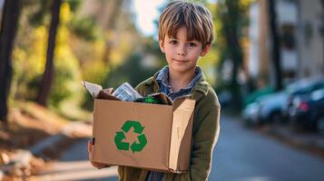 ai gegenereerd jongen Holding een karton doos met de recycle symbool foto