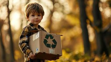 ai gegenereerd jongen Holding een karton doos met de recycle symbool foto