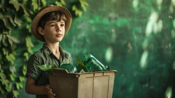 ai gegenereerd een jongen Holding een leeg recycling doos en recycling bak foto