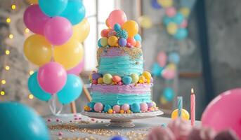 ai gegenereerd een kleurrijk taart staat Aan een tafel met ballonnen foto