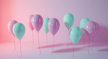 ai gegenereerd een roze en blauw ballon geregeld Aan een roze achtergrond foto