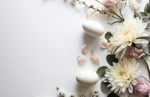 ai gegenereerd grens met bloemen, eieren en vertrekken foto