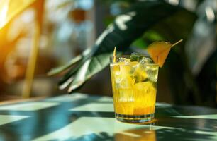 ai gegenereerd een glas van cocktail met ananas wiggen en kokosnoot stukken foto