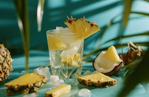 ai gegenereerd een glas van cocktail met ananas wiggen en kokosnoot stukken foto