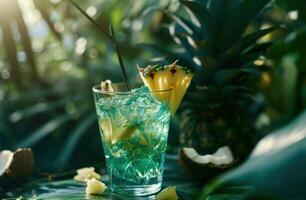 ai gegenereerd een glas van cocktail met ananas wiggen en kokosnoot stukken foto