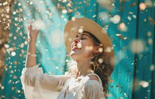 ai gegenereerd vrouw Holding confetti vliegend in de omgeving van foto