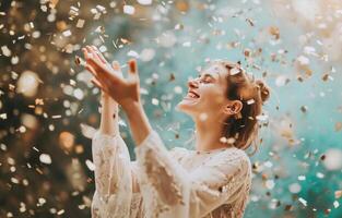 ai gegenereerd vrouw Holding confetti vliegend in de omgeving van foto