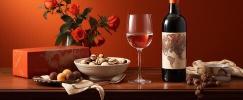 ai gegenereerd een fles van rood wijn is geplaatst De volgende naar een hart vormig doos en chocoladevieren, foto