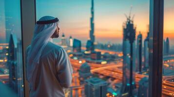 ai gegenereerd knap Arabisch mannen op zoek Bij Dubai van een wolkenkrabber foto
