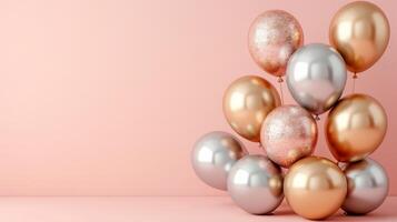 ai gegenereerd goud en zilver opblaasbaar ballonnen Aan een minimalistisch roze achtergrond met kopiëren ruimte foto