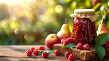 ai gegenereerd pot met framboos jam staat Aan een houten tafel De volgende naar het foto