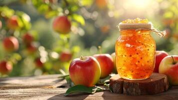 ai gegenereerd pot met appel jam staat Aan een houten tafel De volgende naar het foto