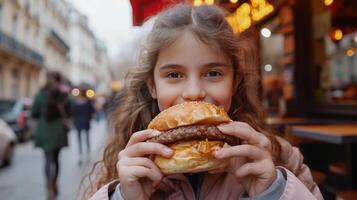 ai gegenereerd meisje 12 jaren oud eet een groot hamburger in een straat cafe in stad foto