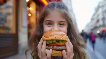 ai gegenereerd meisje 12 jaren oud eet een groot hamburger in een straat cafe in stad foto