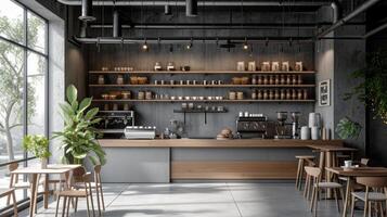 ai gegenereerd ontwerp van een modern cafe in grijs tonen foto