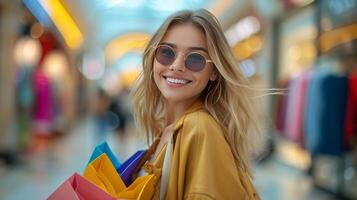 ai gegenereerd een mooi glimlachen vrouw wandelingen door een boodschappen doen centrum met veelkleurig boodschappen doen Tassen in haar handen foto