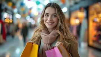 ai gegenereerd een mooi glimlachen vrouw wandelingen door een boodschappen doen centrum met veelkleurig boodschappen doen Tassen in haar handen foto