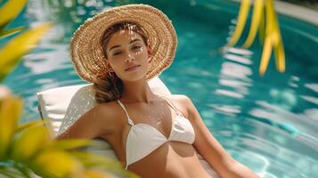 ai gegenereerd een mooi meisje in een wit bikini zonnebaadt Aan een zon ligstoel in de buurt een blauw zwembad foto