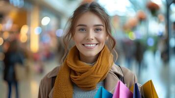 ai gegenereerd een mooi glimlachen vrouw wandelingen door een boodschappen doen centrum met veelkleurig boodschappen doen Tassen in haar handen foto