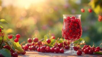 ai gegenereerd een glas met kers compote staat Aan een houten tafel De volgende naar het foto