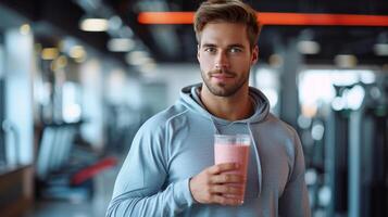 ai gegenereerd een knap, atletisch ogend Mens is Holding een glas van smoothie in zijn hand- foto