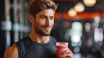 ai gegenereerd een knap, atletisch ogend Mens is Holding een glas van smoothie in zijn hand- foto