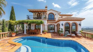 ai gegenereerd mooi Spaans villa met zwembad en keer bekeken van de middellandse Zee zee foto