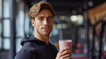 ai gegenereerd een knap, atletisch ogend Mens is Holding een glas van smoothie in zijn hand- foto