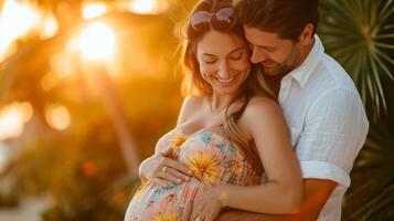 ai gegenereerd een Mens knuffels zijn zwanger mooi vrouw van achter in een helder zonnejurk foto