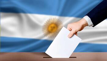 Argentinië electoraal verkiezingen concept. hand- Holding stemming in stemmen stemming doos met Argentinië vlag in achtergrond. hand- Mens zet stemming papier in stemmen doos Aan Argentinië vlag achtergrond foto