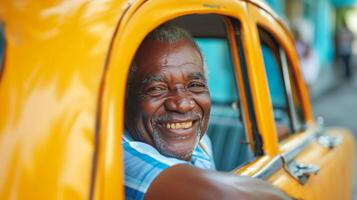 ai gegenereerd taxi bestuurder glimlachen en op zoek Bij de camera van de venster van zijn auto foto