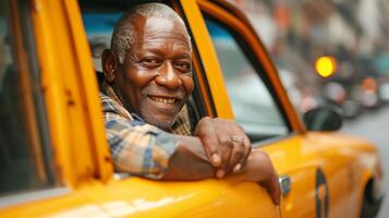 ai gegenereerd taxi bestuurder glimlachen en op zoek Bij de camera van de venster van zijn auto foto